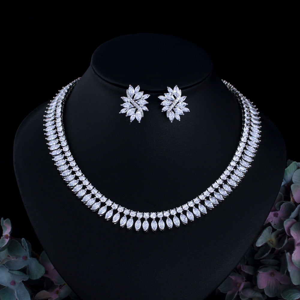 European and American fashion full-diamond evening gown cocktail necklace earrings set chain with marquise zirconia effect bridal set