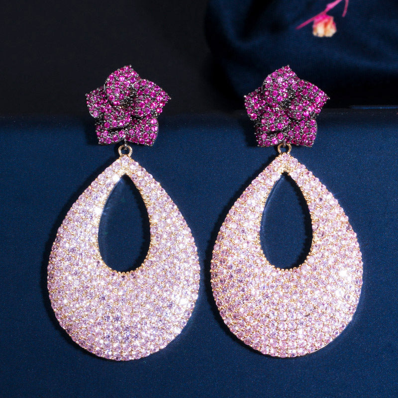 New style pink zirconium rose flower large earrings for Europe and America Made of 925 silver circular ear accessories for women