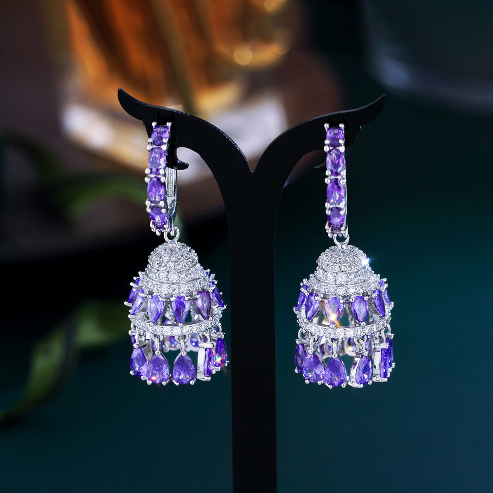 High-end luxurious and elegant purple heavy-weight court-style ear ornament featuring full-set of zirconia-studded water-drop-shaped three-dimensional bells as ear clasps and earrings