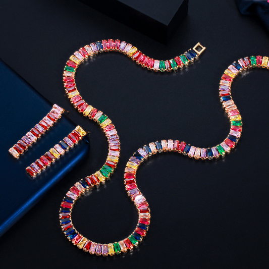 European and American full-cut diamond simple rainbow-colored zircon necklace fashionable evening party necklace earrings set