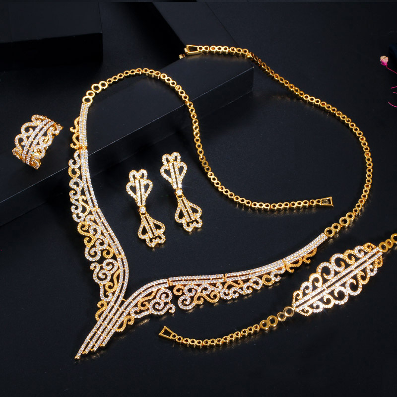 New European and American style set jewelry batch electroplated with K gold necklace earrings bracelet and ring set
