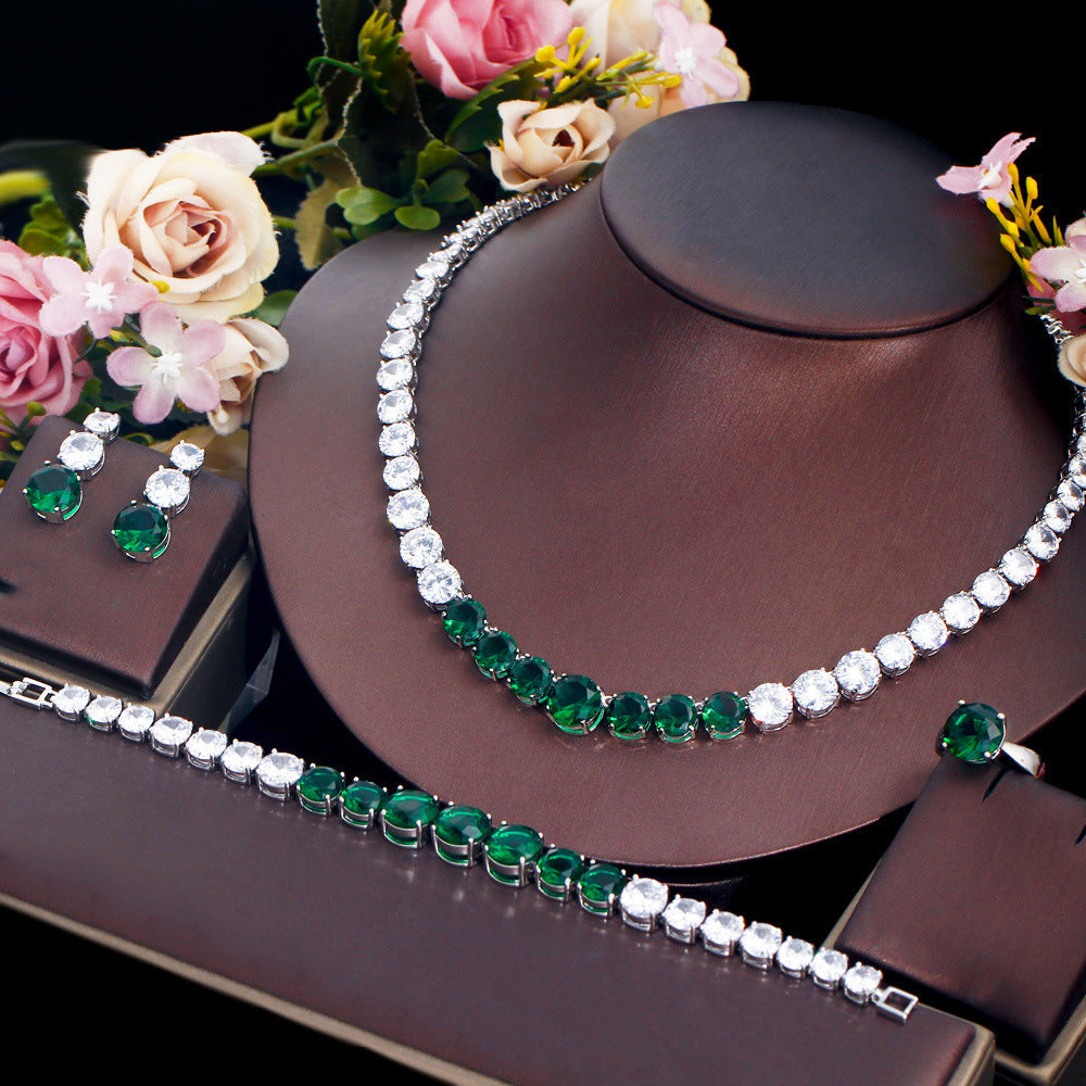 European style minimalist banquet dress accessory set - chain with zirconia necklace earrings bracelet and ring set