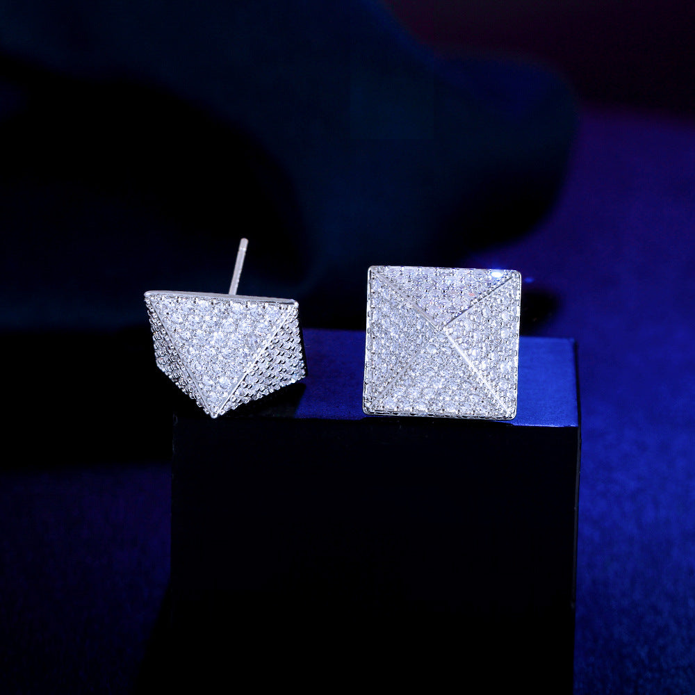S925 silver needle small-scale design micro-set full-diamond pyramid earrings star-shaped square zirconia ear accessories