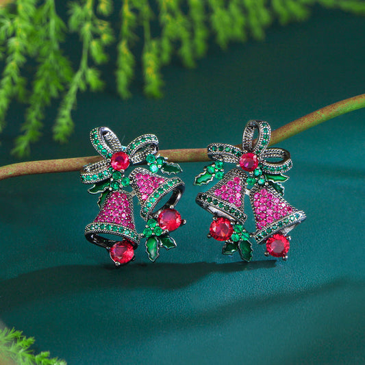 S925 silver thread Christmas series luxury and fashionable colorful bell earrings with bow and tiny set zirconia wind chime ear accessories