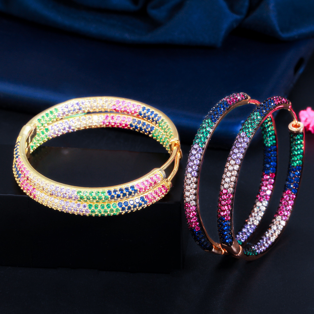 European and American popular jewelry - large earrings with micro-set colored zirconia gold and black gold electroplated ear stems elegant earrings