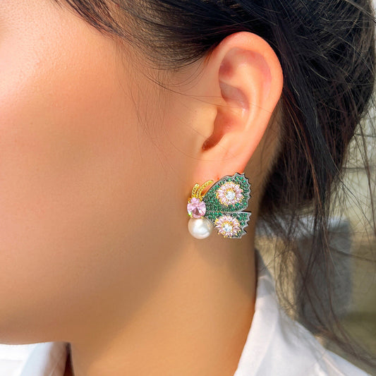 Dazzling fashionable luxurious full of diamonds colorful butterfly pearl earrings with micro-set zircon stones gold-plated copper ear jewelry ear pendants