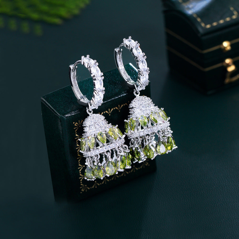 European Heavy Industry Luxurious Retro Court Style Zircon Earrings with Full-Diamond Tassels and Hollow Bell Chimes Hollow Ear Accessories