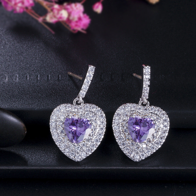 Korean-style heart-shaped silver stud earrings Korean-style 925 sterling silver high-end micro-set zirconia earrings