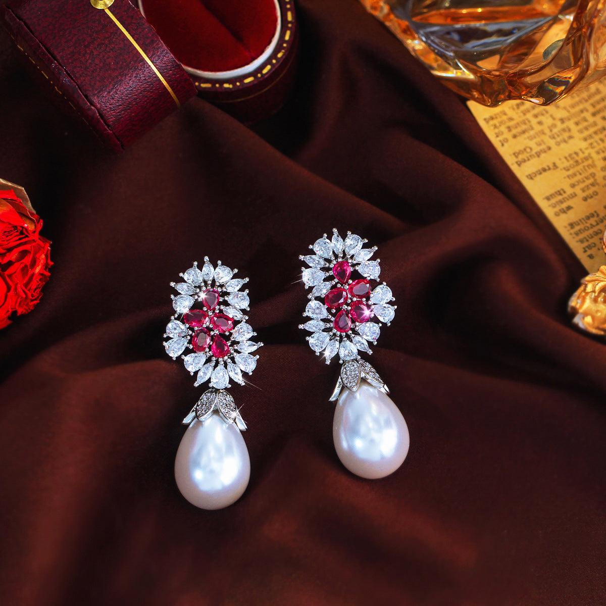 S925 silver needle European-style retro full-set zirconia and pearl stud earrings for women light luxury retro charm court style ear ornaments