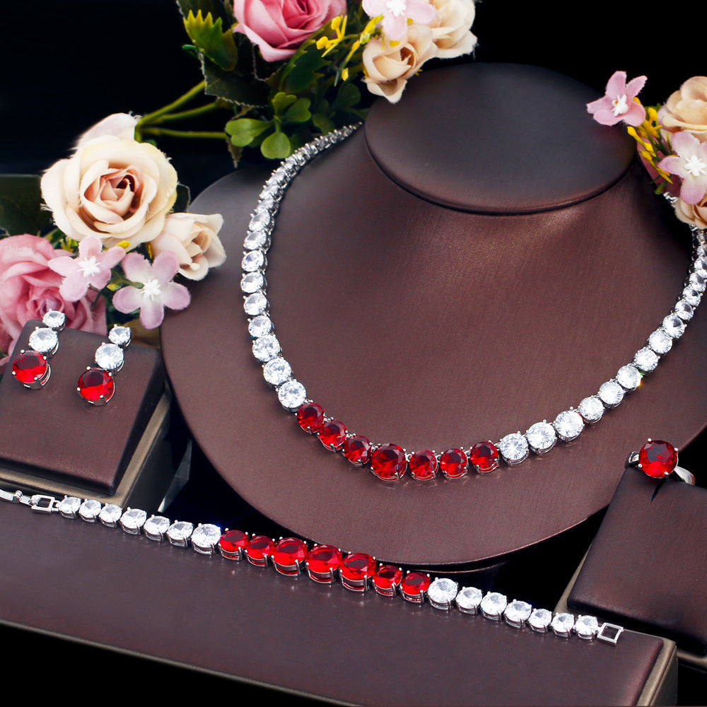European style minimalist banquet dress accessory set - chain with zirconia necklace earrings bracelet and ring set