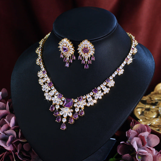European-style bride jewelry - two-piece set of zirconia diamond-filled elegant necklace and earrings formal evening accessory set matching chain