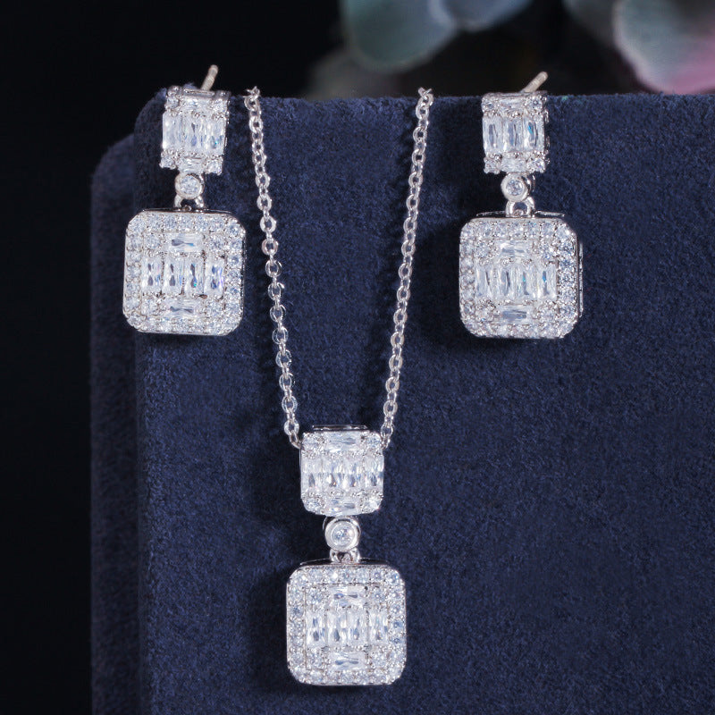 Korean version of S925 silver heart-shaped stud earrings with tiny inlaid zirconia pendant necklace set - elegant jewelry popular online item must-have accessory