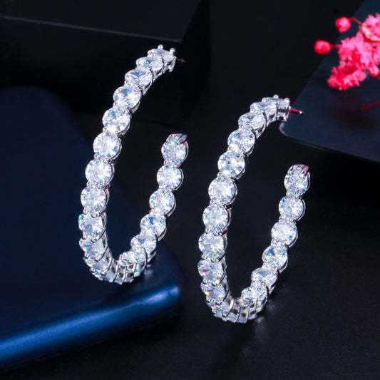 S925 pure silver needle fashion zirconia earrings with large round ear hooks cool style suitable for girls simple and elegant Korean-style earrings