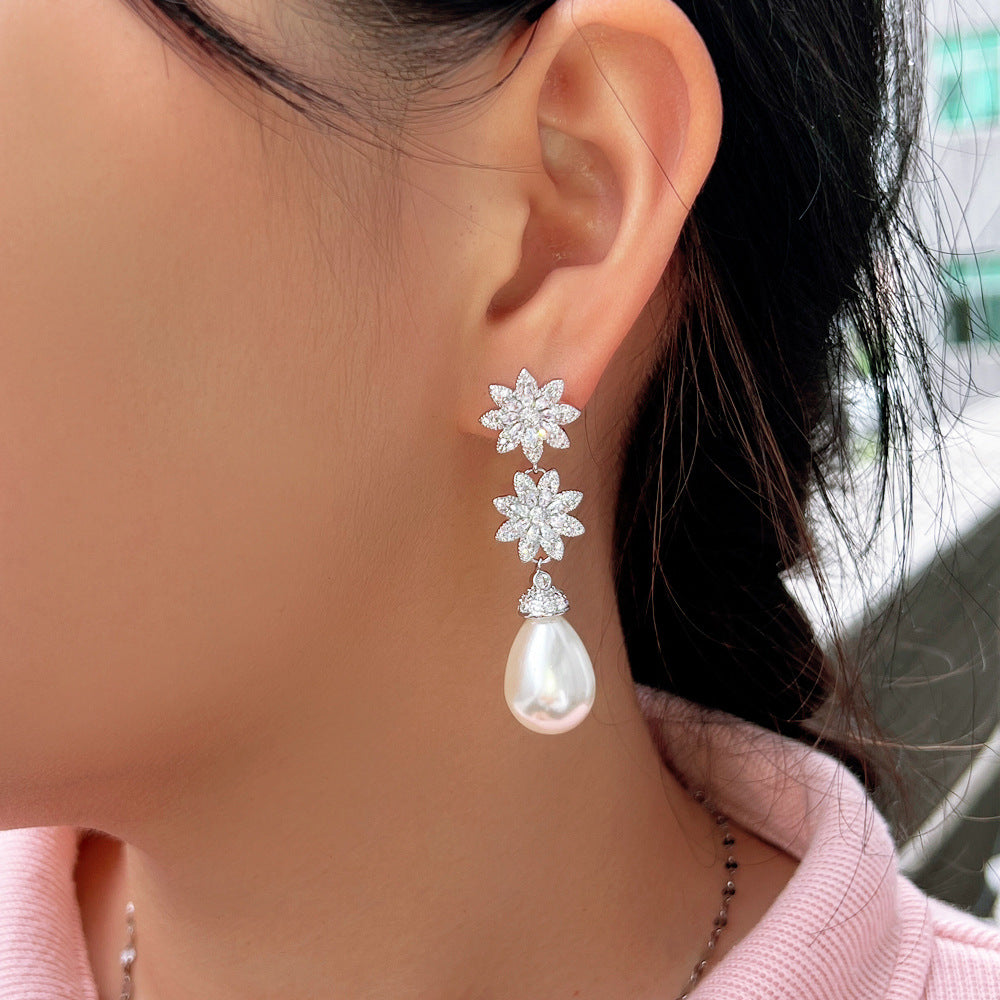 S925 silver filigree earrings with European style, luxurious and elegant, featuring delicate flower and pearl designs with tiny inlaid zirconia stones Suitable for high-class ladies Ear jewelry
