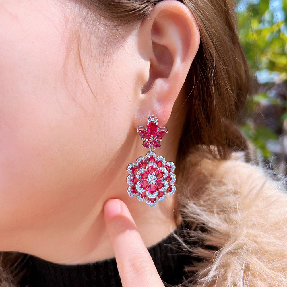 S925 silver needle luxury niche design double-layer flower-shaped synthetic red corundum earrings stylish and elegant zircon earrings