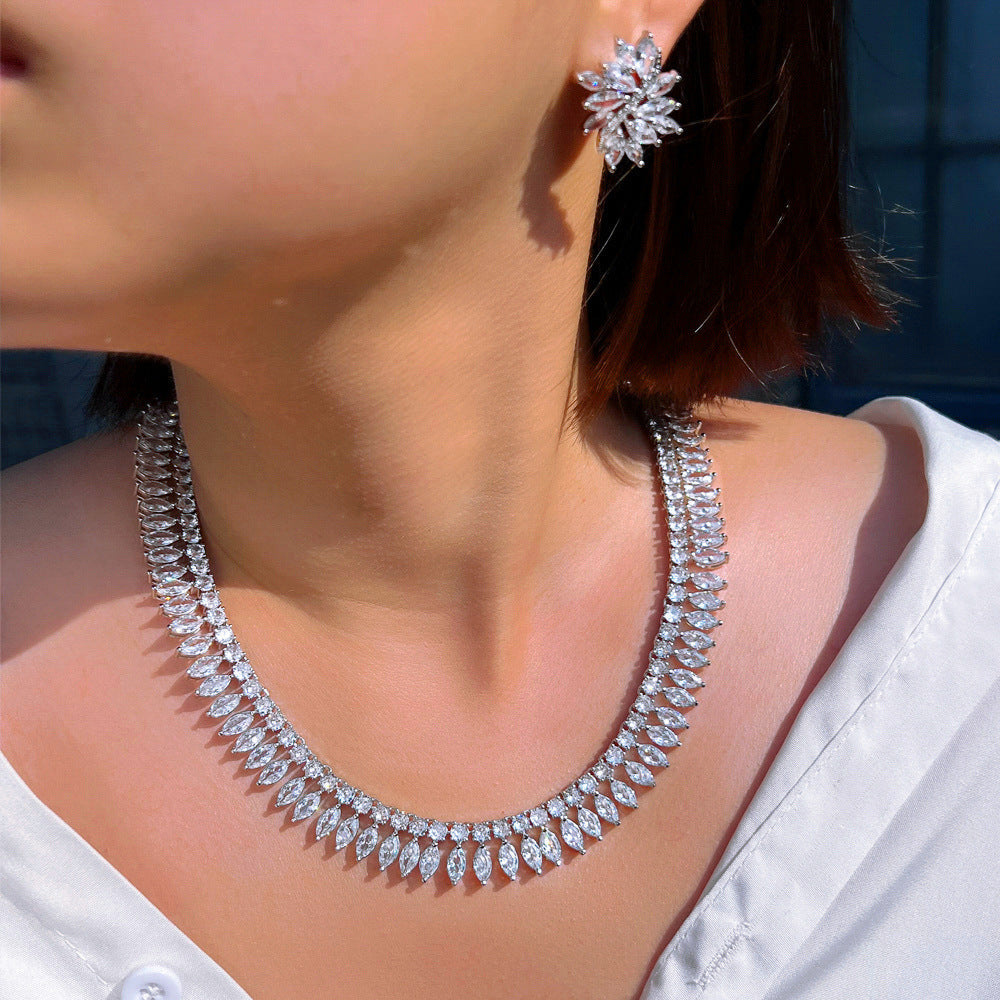 European and American fashion full-diamond evening gown cocktail necklace earrings set chain with marquise zirconia effect bridal set