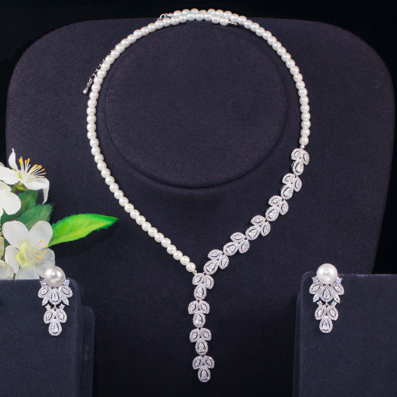 Cross-border best-selling Japanese and Korean-style artificial pearl and zirconia necklace and earring set - bridal set accessories
