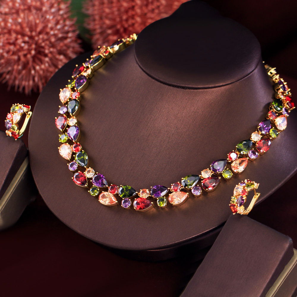 European and American luxurious zircon water-drop Mona Lisa necklace set for formal event dress colorful water-drop earrings and necklace set