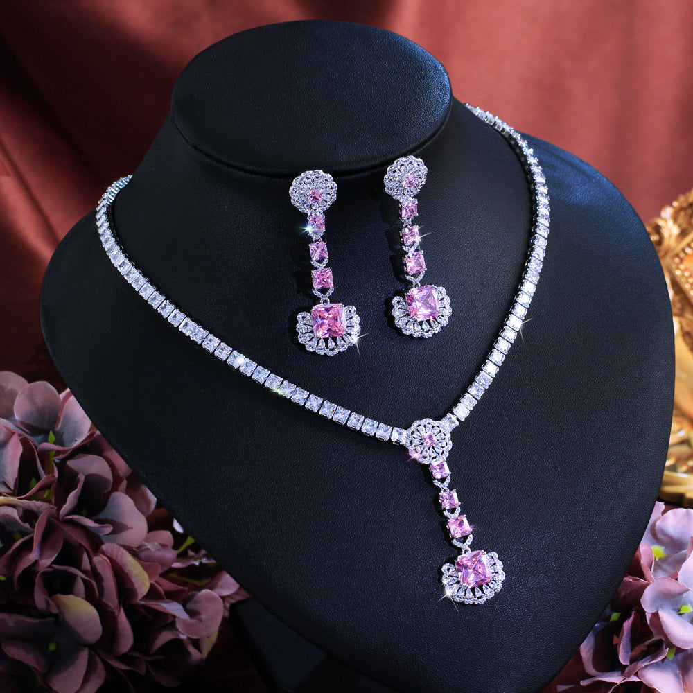 Korean version luxurious bridal banquet necklace earrings and ring set - super shiny zirconia earrings pendant-style earrings with elegant design