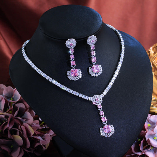 Korean version luxurious bridal banquet necklace earrings and ring set - super shiny zirconia earrings pendant-style earrings with elegant design
