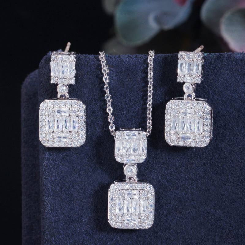 Korean version of S925 silver heart-shaped stud earrings with tiny inlaid zirconia pendant necklace set - elegant jewelry popular online item must-have accessory