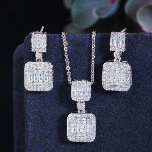 Korean version of S925 silver heart-shaped stud earrings with tiny inlaid zirconia pendant necklace set - elegant jewelry popular online item must-have accessory