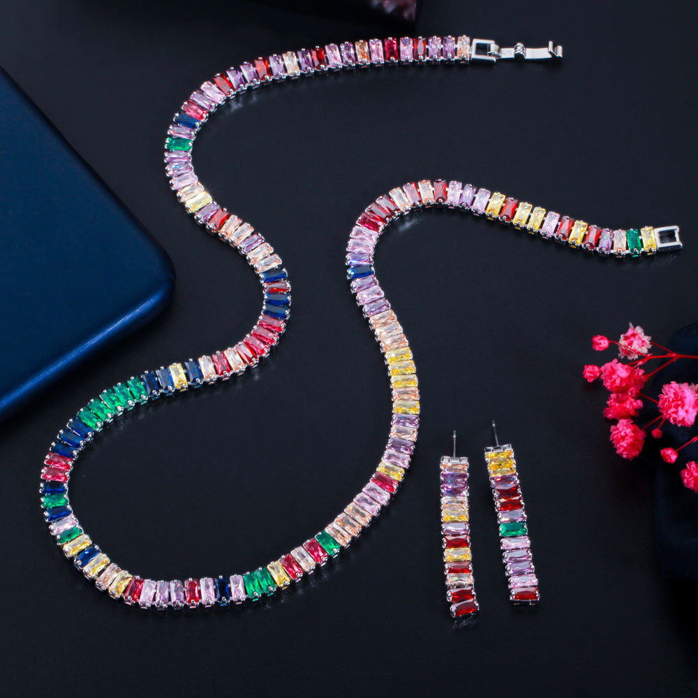 European and American full-cut diamond simple rainbow-colored zircon necklace fashionable evening party necklace earrings set