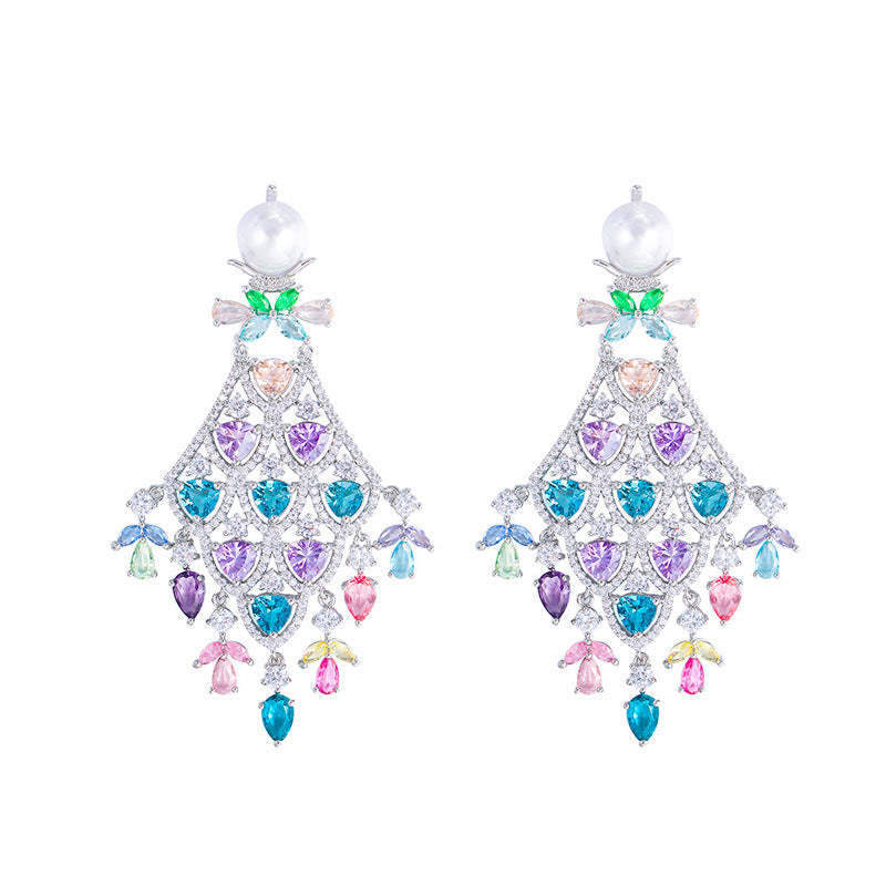 Fashionable luxury color zircon pendant earrings with fan-shaped fringes Long dress style 925 silver needle evening party earrings and accessories