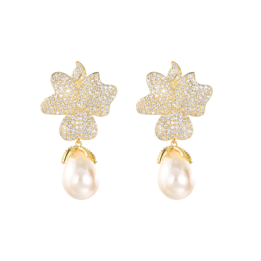 S925 silver jewelry - Korean Dongdaemun high-end style zircon flower-shaped pearl earrings - unique and exclusive ultra-bright earrings and stud earrings