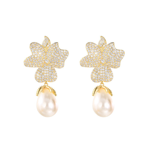 S925 silver jewelry - Korean Dongdaemun high-end style zircon flower-shaped pearl earrings - unique and exclusive ultra-bright earrings and stud earrings