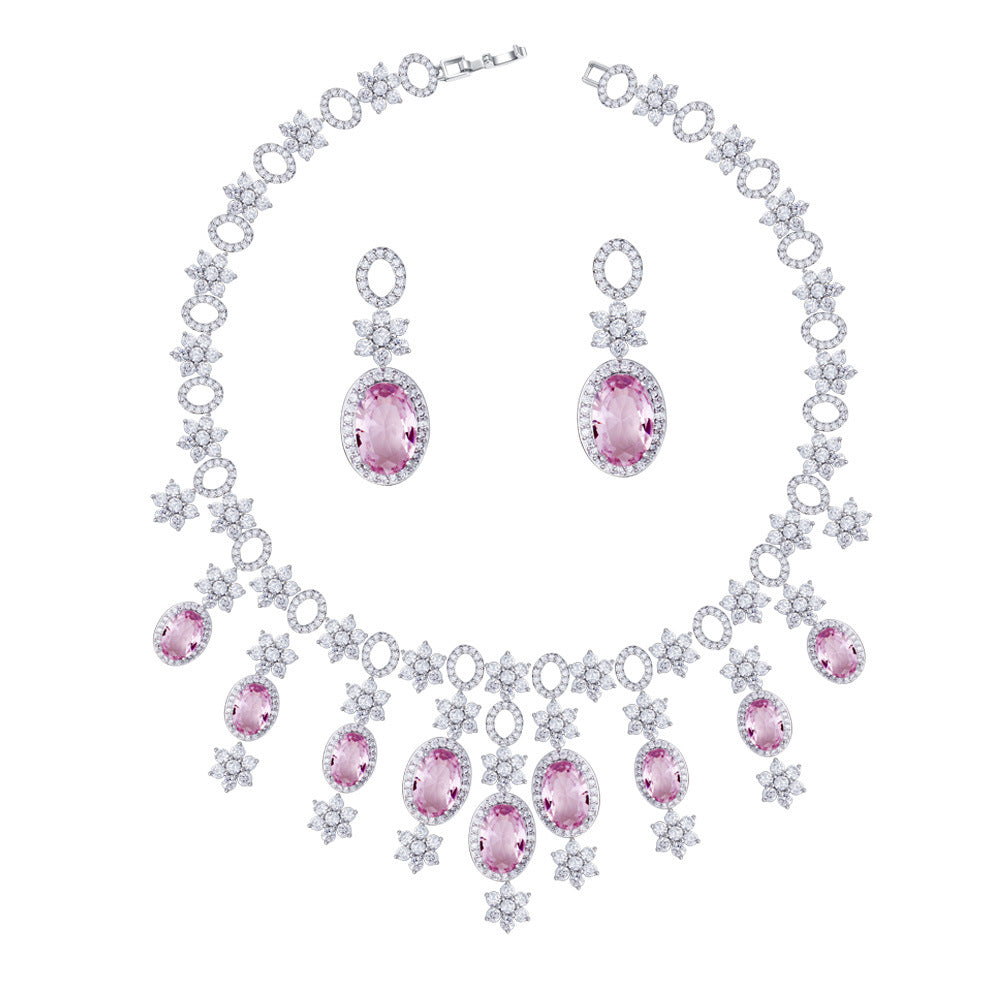 French-style wedding banquet diamond tassel earrings and necklace set - complete zirconia bridal wedding dress jewelry chain set