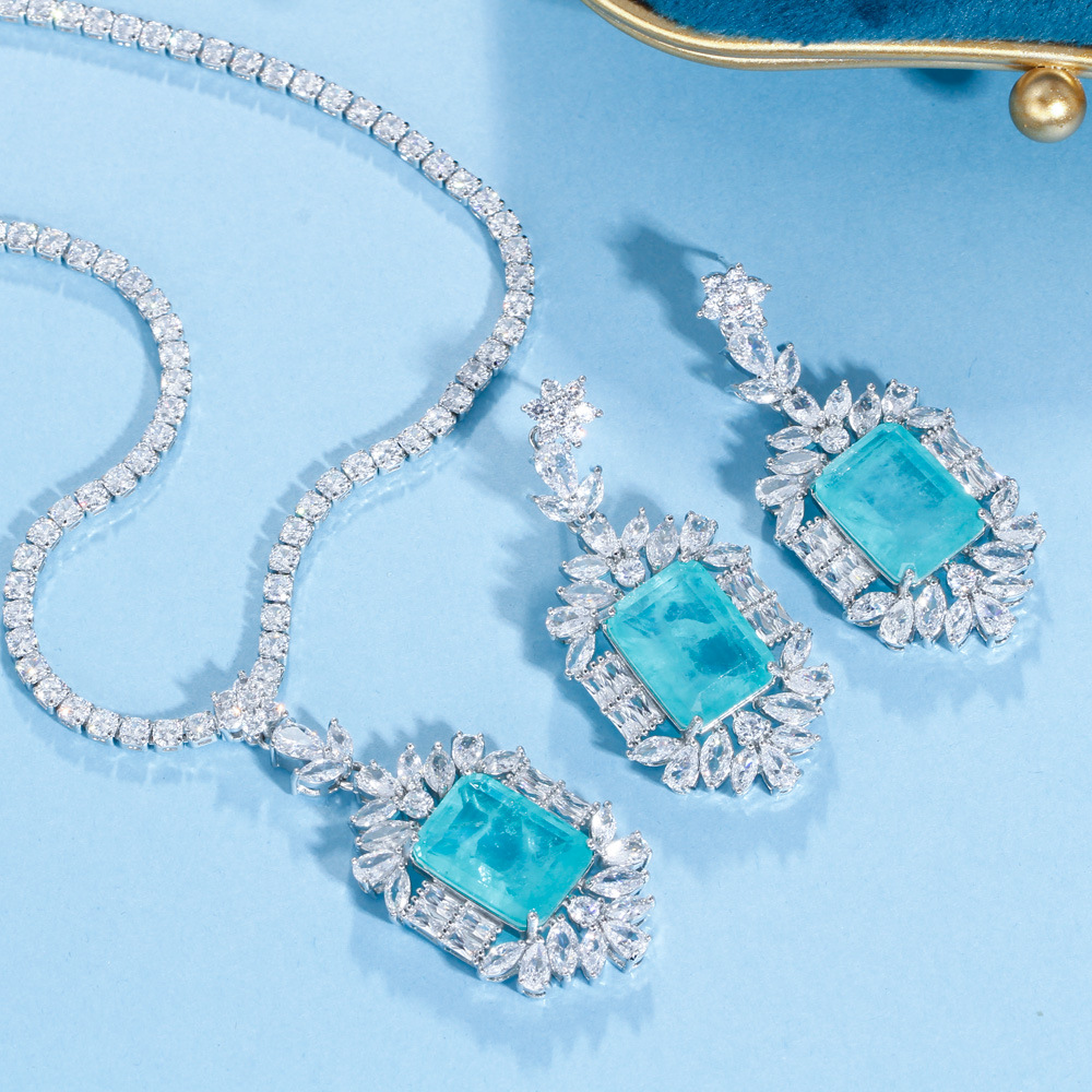 Best-selling sea-blue imitation paraguiaba tourmaline women's necklace pendant earrings set as formal dress accessories