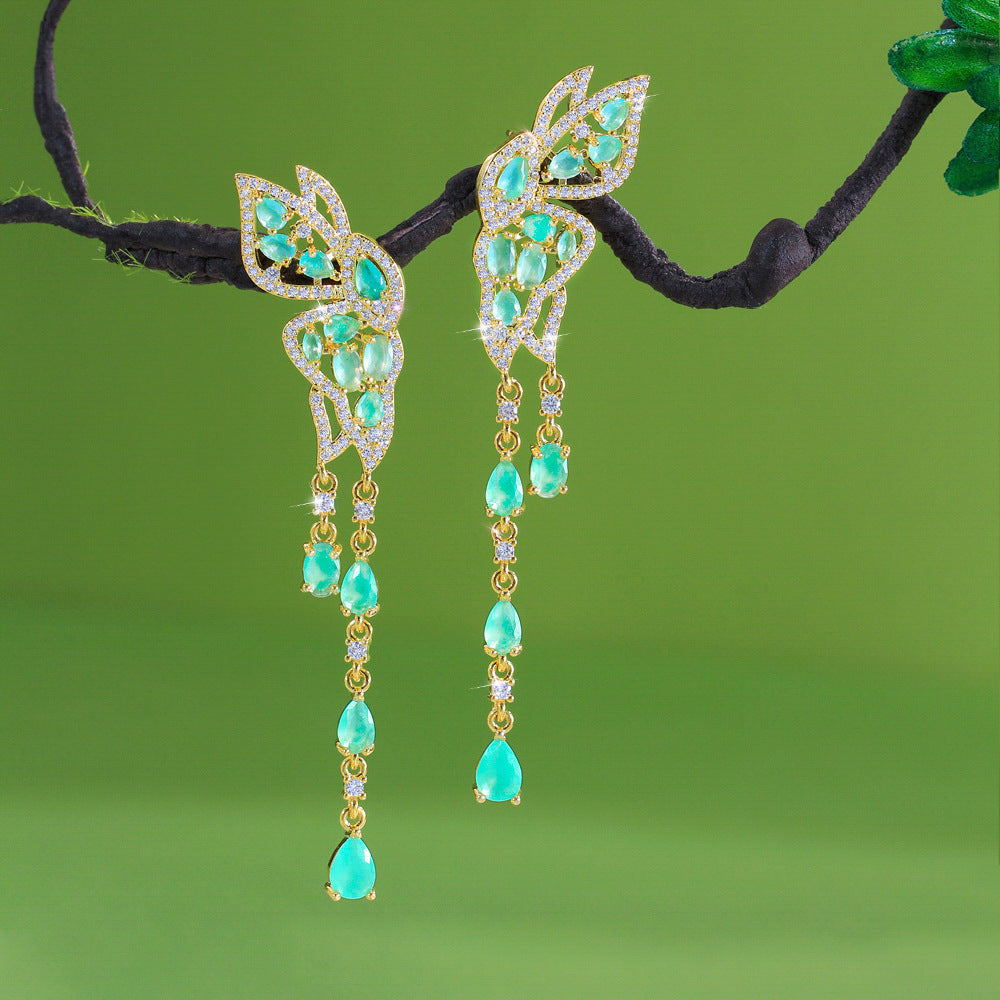S925 silver fine luxury and elegant butterfly-shaped droplet fringed earrings which enhance the face shape and exude a regal aura Zirconium stone earrings