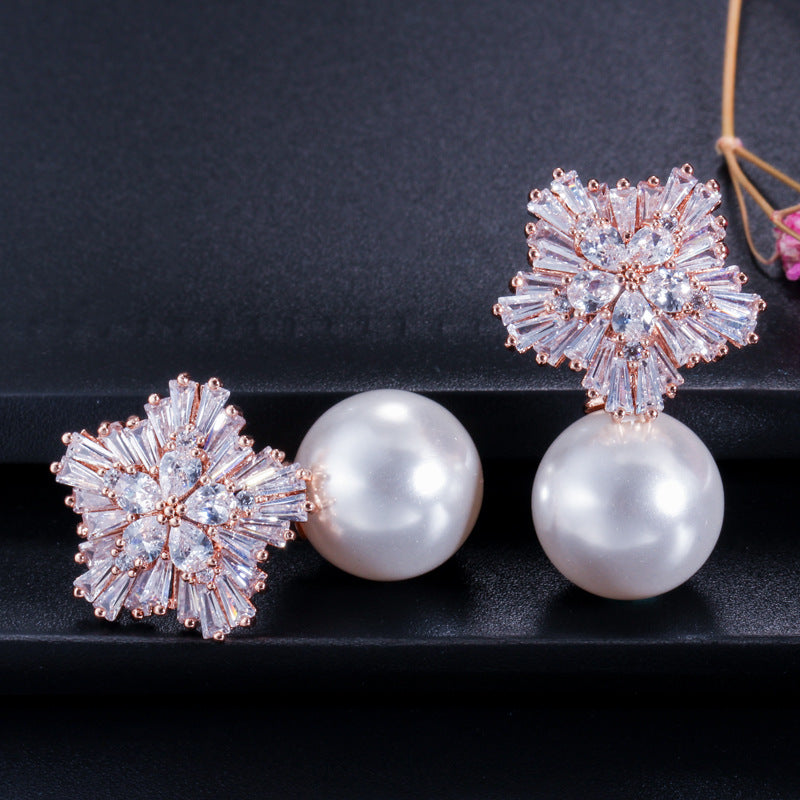 Snowflake Zirconia Beaded Earrings - Korean-style Stud Earrings with Shell Pearl for Weddings and Formal Events