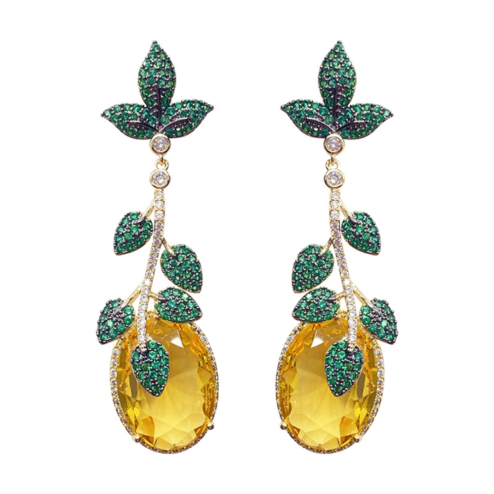 European vintage heavy-duty yellow gemstone green leaf exaggerated long-style earrings unique royal-style earrings