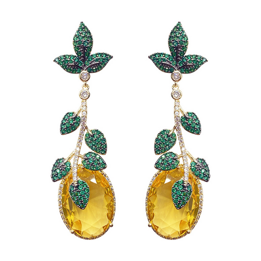 European vintage heavy-duty yellow gemstone green leaf exaggerated long-style earrings unique royal-style earrings