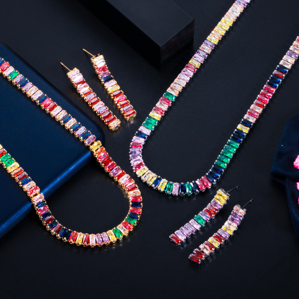 European and American full-cut diamond simple rainbow-colored zircon necklace fashionable evening party necklace earrings set