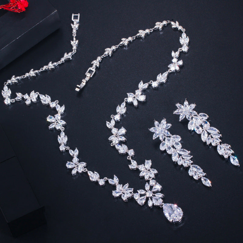 Korean wholesale wedding jewelry - diamond-set zirconian brides' necklaces earrings, bracelet wedding dress accessories two-piece set of jewelry
