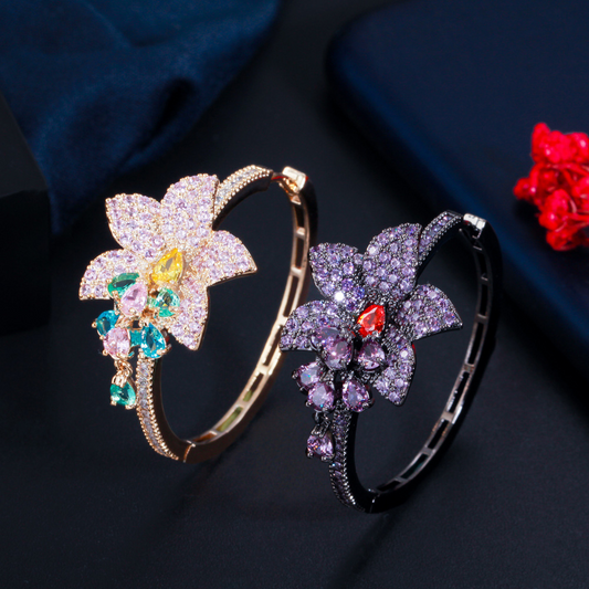 New products from Japan and South Korea - Exaggerated and unique floral-colored zirconia drop earrings fashionable flower-shaped circular style earrings exuding elegant charm