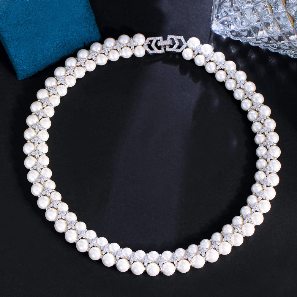 Korean fashionista double-layer freshwater pearl necklace - elegant and unique collar chain with pearl and zircon gemstones - women's necklace