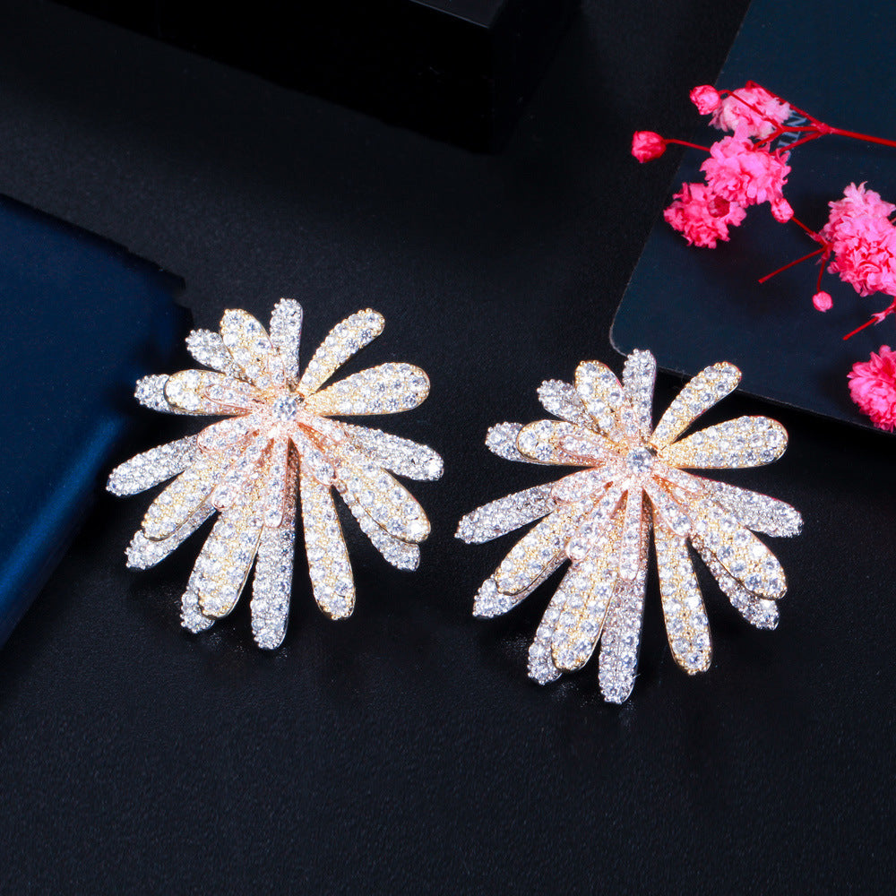 European and American fashion three-layered multi-layered flower-shaped zirconia stud earrings Full-diamond brass three-color electroplated sunflower style earrings