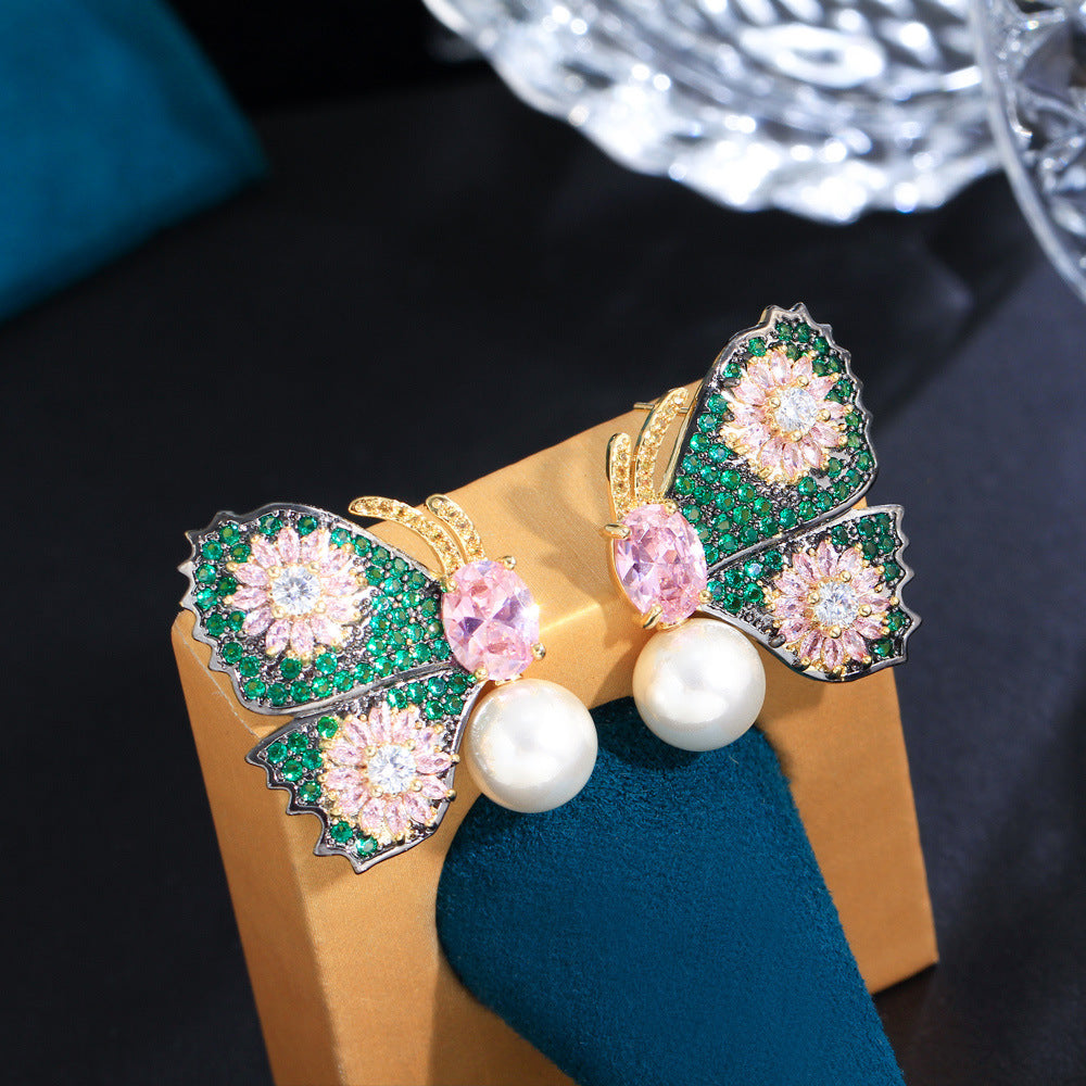 Dazzling fashionable luxurious full of diamonds colorful butterfly pearl earrings with micro-set zircon stones gold-plated copper ear jewelry ear pendants