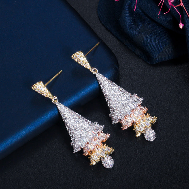 Guangzhou Popular Accessories - European-style Micro-Inset Zirconia Three-Color Crafted Three-Dimensional Skirt Earrings Christmas Tree Earrings Manufacturer