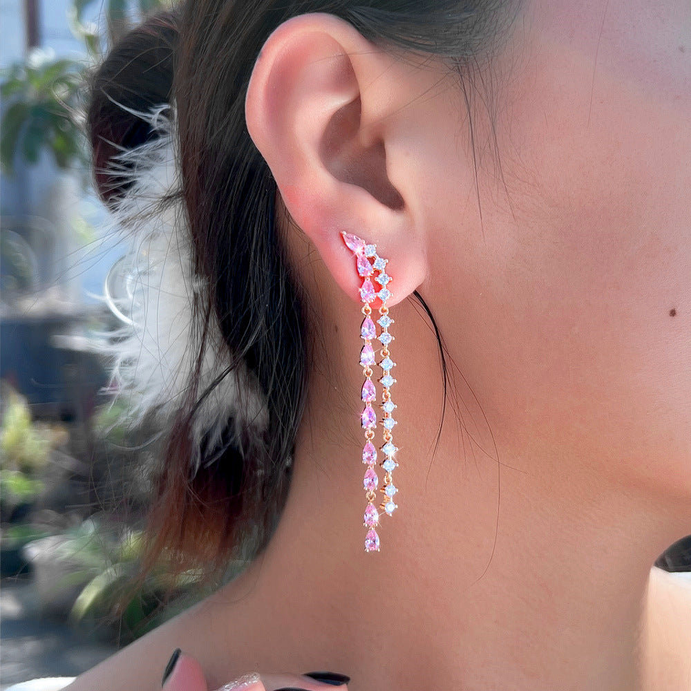 S925 silver thread fresh and sweet fairy-style powder diamond long dangling earrings with ultra-shiny full-zirconia and versatile ear pendants