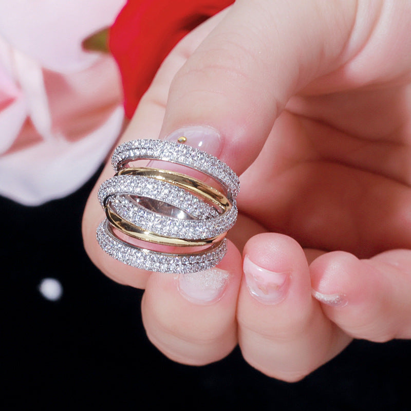 European and American style micro-set diamond ring with double-color electroplating finger ring