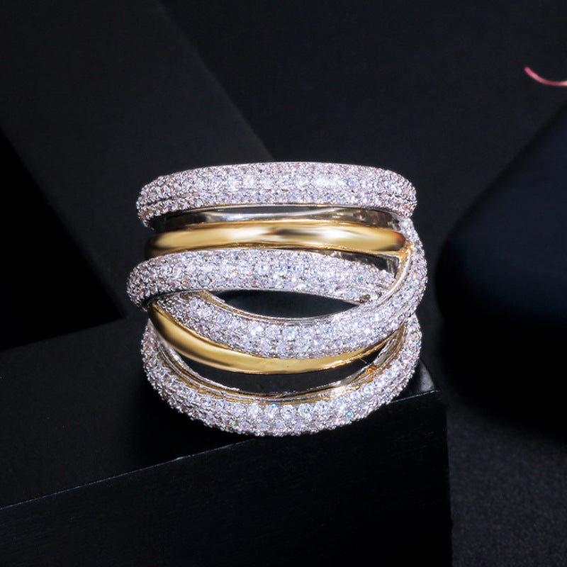 European and American style micro-set diamond ring with double-color electroplating finger ring