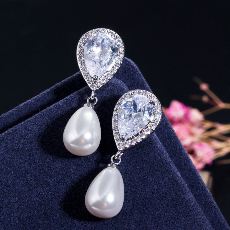Japanese and Korean light and elegant artistic jewelry set Two-piece set of zircon water-drop pearl pendant earrings