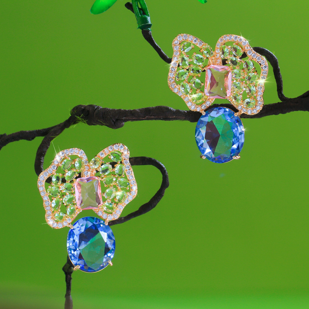 925 silver fine luxury butterfly knot zirconia stud earrings fashionable geometric irregular colored zirconia petal luxury style earrings