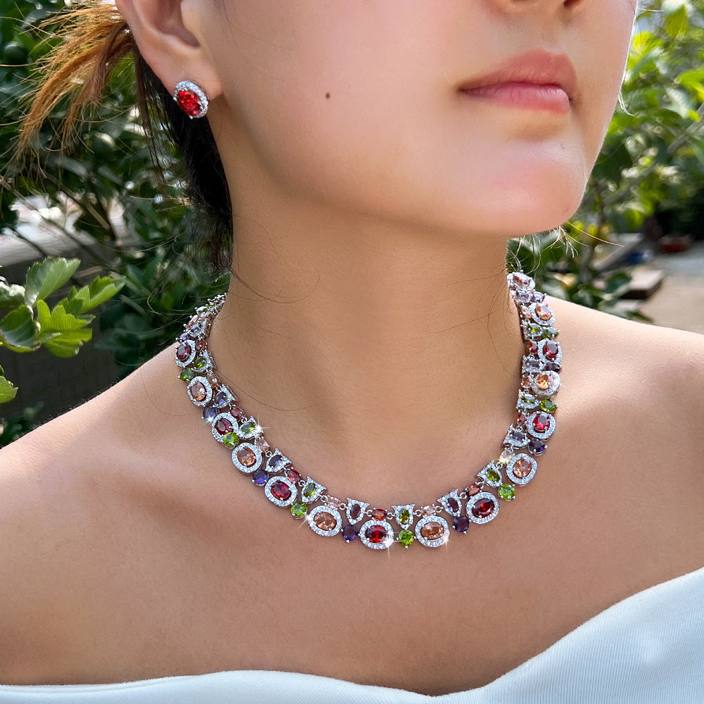 Vintage zirconian wedding dress evening gown necklace earring set classic and versatile royal style long chain set