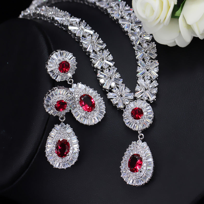 Bride's banquet set - Pure handcrafted copper necklace set with AAA quality zirconia stones - Simple and elegant style